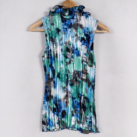 CATO Top Shirt Blouse Sz Medium Blue Green Satin Button Up Ruffles Crinkle Pleat - Picture 3 of 9